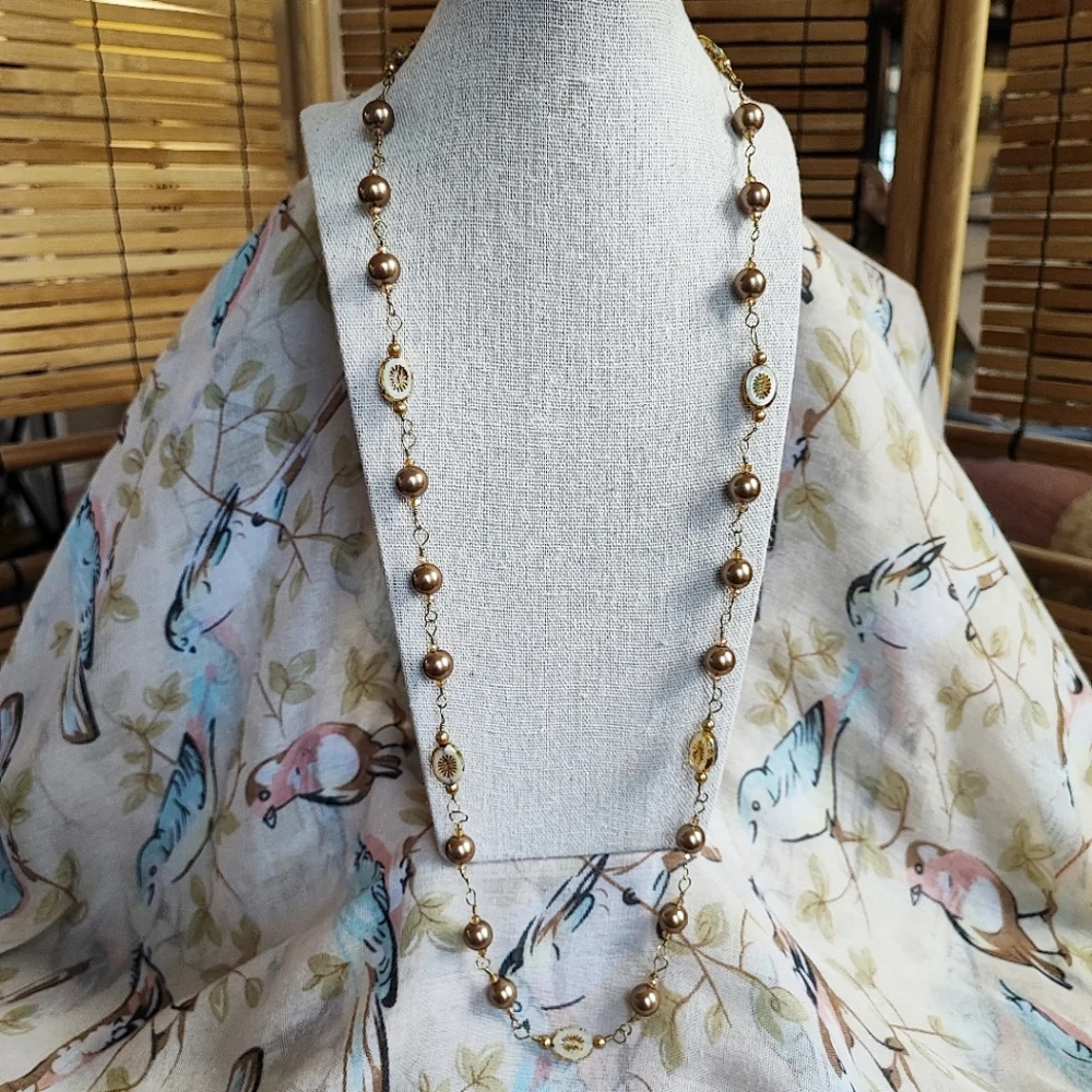 Rich Cocoa Chocolate Brown Faux Pearl Rosary Chain Glass Opaline Beaded Necklace